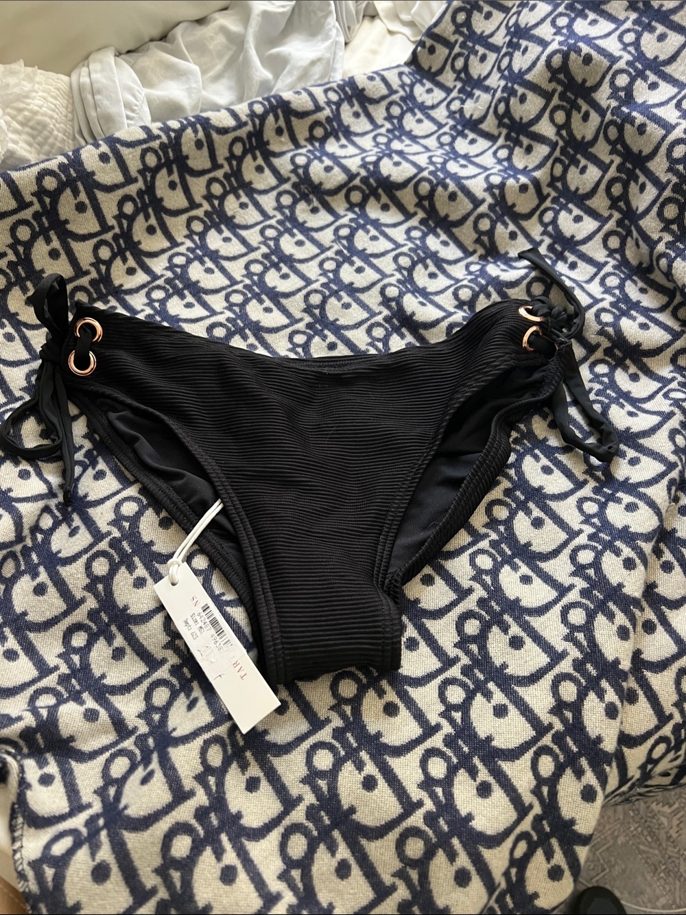 Tart Black Ribbed Tie-Side Bikini Bottom with Gold Eyelets